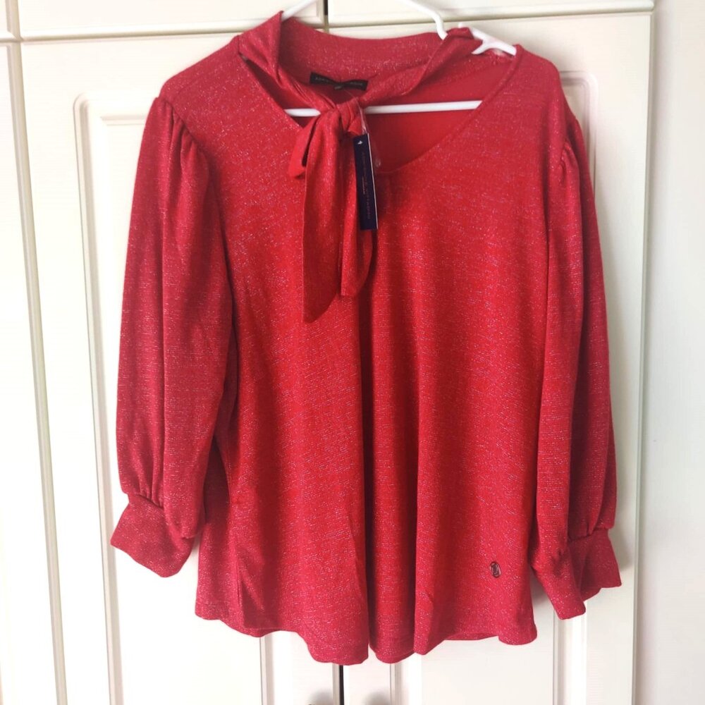 Adrienne Vittadini Red Sparkle Tie-Neck Tunic Blouse
